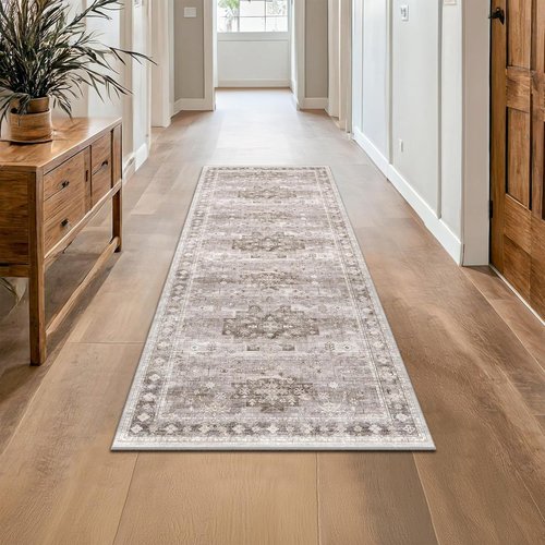 Hazo Haus Boho Runner Rug - 2x7 Long Neutral Farmhouse Design | Vintage Floral, Non-Slip, Washable, Latte Beige