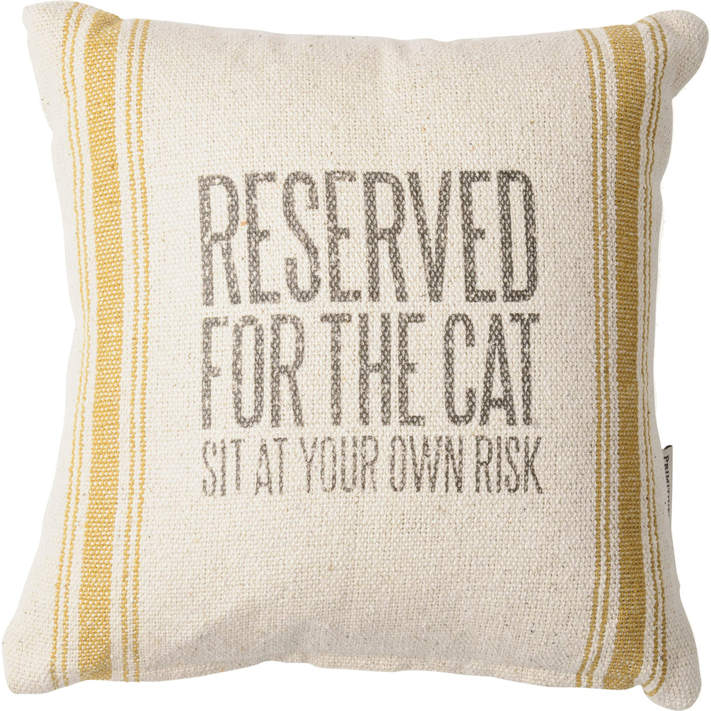 Primitives by Kathy Woven Rustic Gold Striped Pillow, Distressed Style, Reserved for The Cat Sit At Your Own Risk 10x10 Throw Pillow, Removable Zipper Cover/cat Lover Gift, pet Themed Home Accent