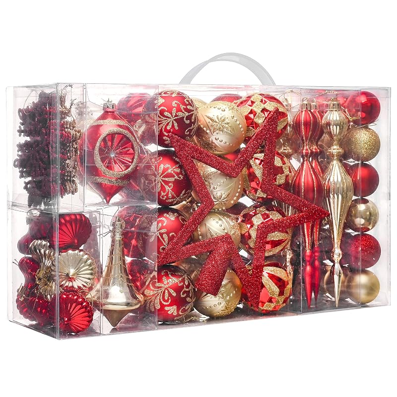 Valery Madelyn 100 ct Christmas Tree Ornaments Set - Luxury Red Gold Large