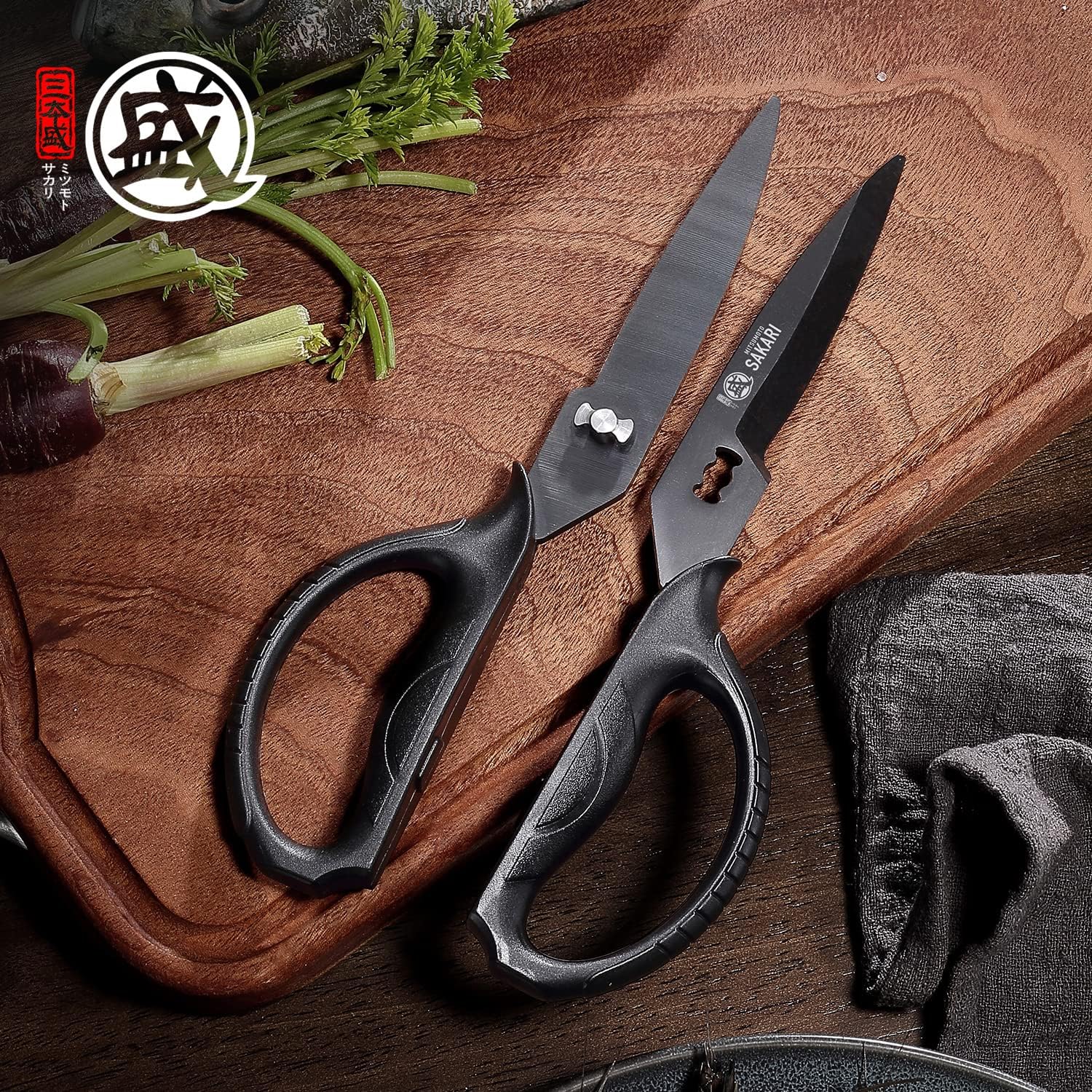 MITSUMOTO SAKARI Kitchen Scissors - Heavy Duty Black Titanium Plated, Multipurpose Herb & Cooking Tool
