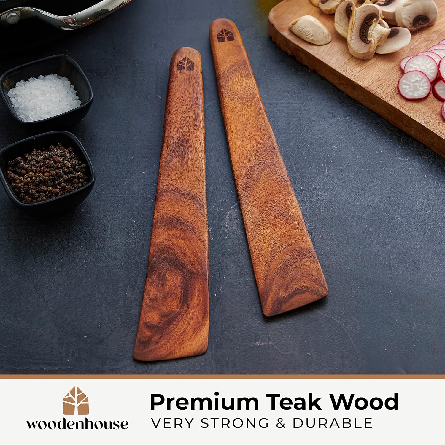 Skiennix Wooden Spatula Set of 2 | 12-Inch Teak Turner & Flipper for Non-Stick Cookware - BPA Free & Heat Resistant