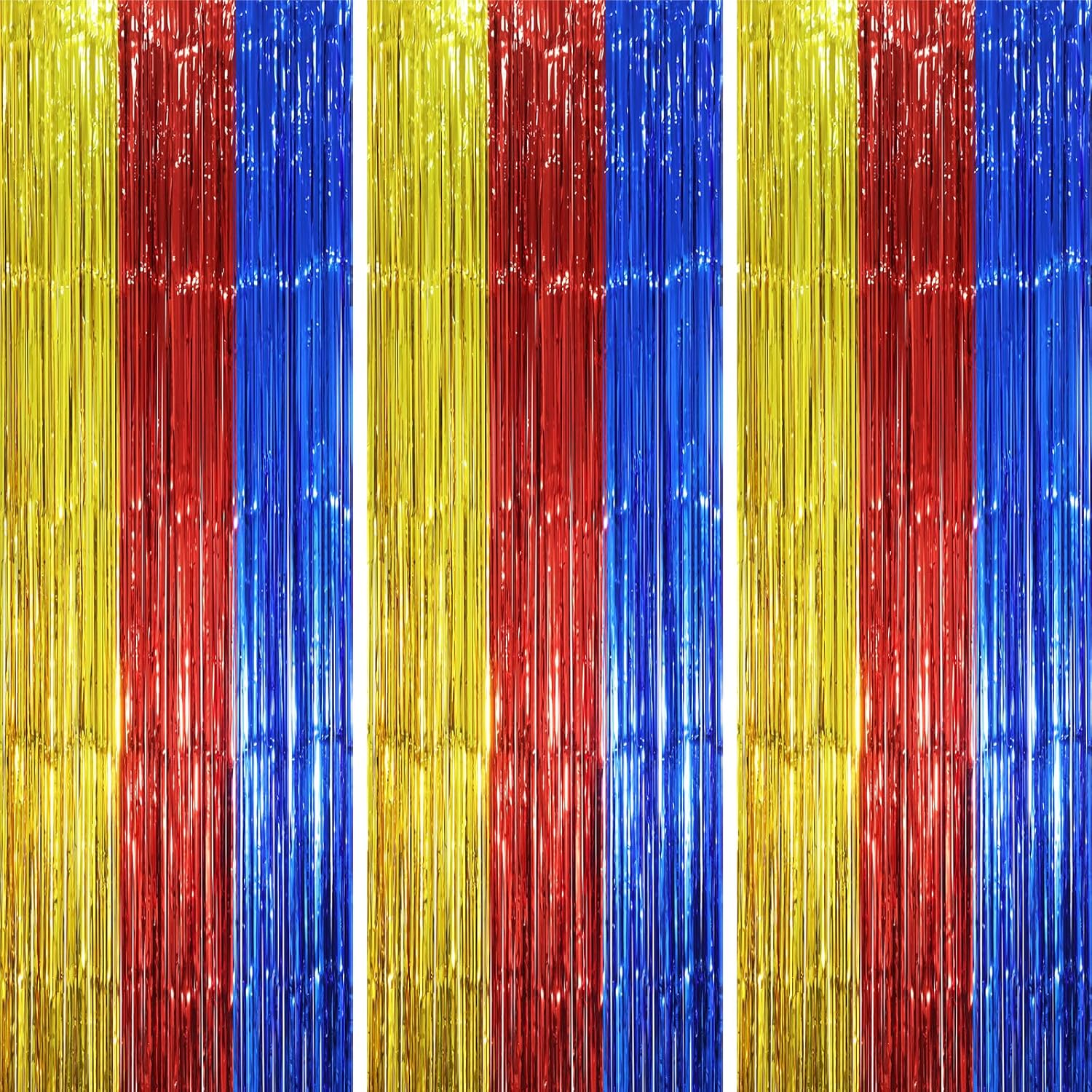 Voircoloria Fringe Backdrop Curtains - 3 Pack Tinsel Streamers in Blue, Red & Gold | 3.3 x 8.2 ft Party Decorations