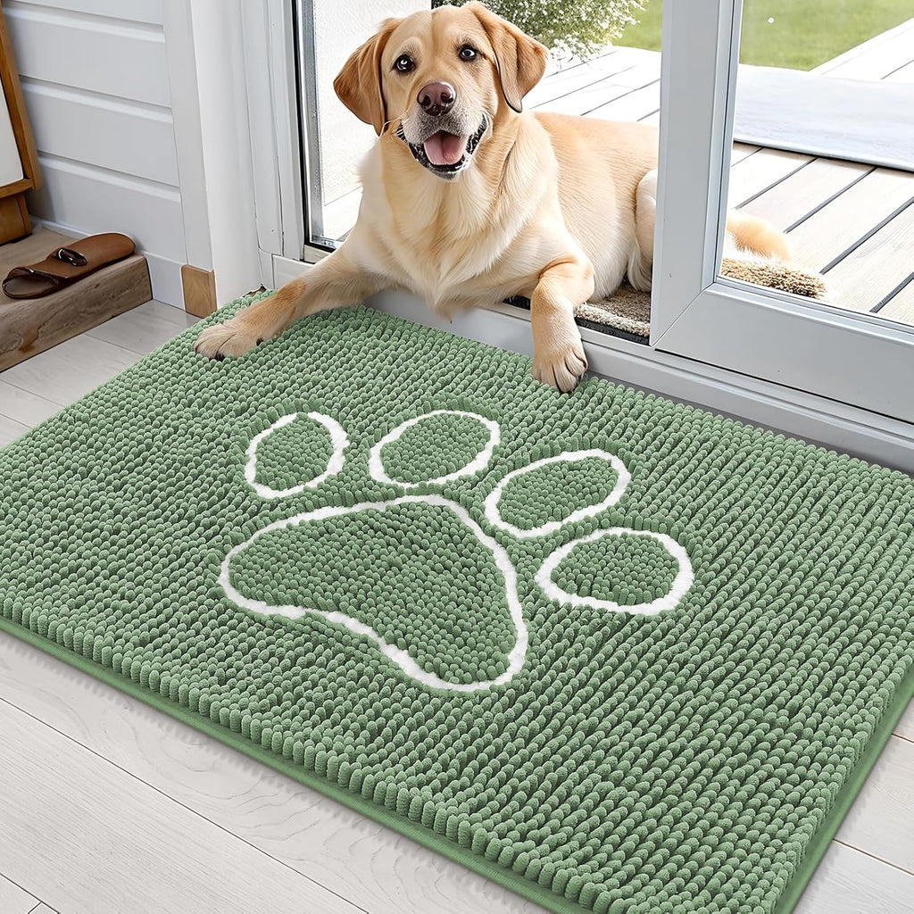 OLANLY Dog Door Mat - Muddy Paws Absorbent Non-Slip Chenille Doormat | 36x24, Olive Green & White