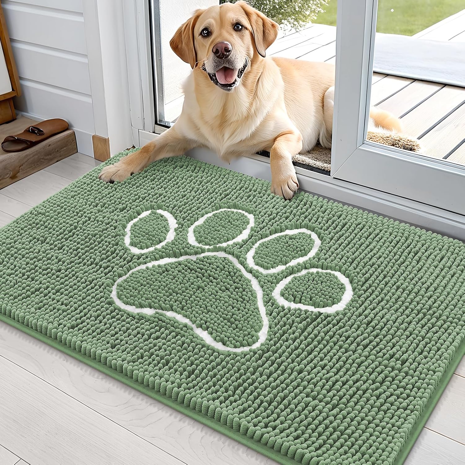 OLANLY Dog Door Mat - Muddy Paws Absorbent Non-Slip Chenille Doormat | 36x24, Olive Green & White