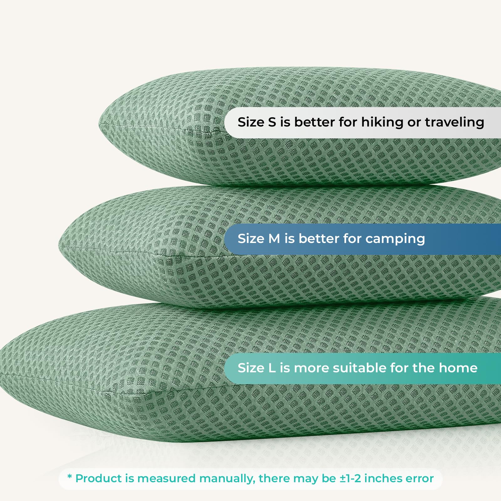PEUJEW Travel Pillow Memory Foam Pillows, Camping Pillow- Compressible Medium Firm, Breathable Cover, Ideal Backpacking Hiking, Bed Pillows, Airplane and Car (Green, S)