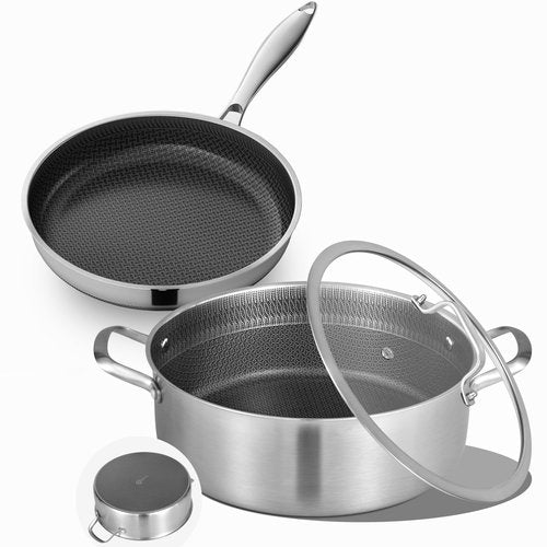 LOLYKITCH 7 QT & 12 Inch Ceramic Nonstick Cookware Set - Tri-Ply Stainless Steel Large Sauté Pan with Lid and Frying Pan - Oven & Dishwasher Safe, Detachable Handle, PFOA-Free, Induction Compatible