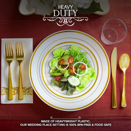 700 Piece Dinnerware Set for 100 Guests: 200 Gold-Rim Plates, 100 Silverware Sets, 100 Cups, 100 Napkins – Bulk Disposable Party Supplies for Weddings and Events