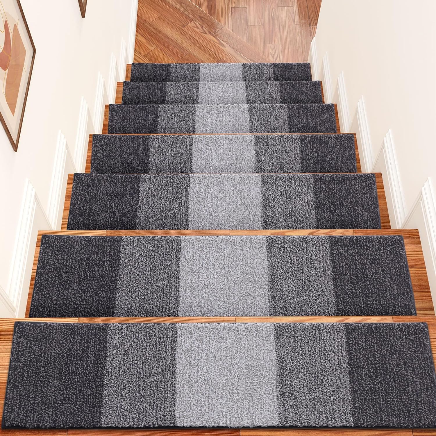 OLANLY Non-Slip Stair Treads - 15PCS Indoor Stair Runners for Wooden Steps | 8" x 30" Grey Edging Rugs with Reusable Peel and Stick Adhesive for Safety