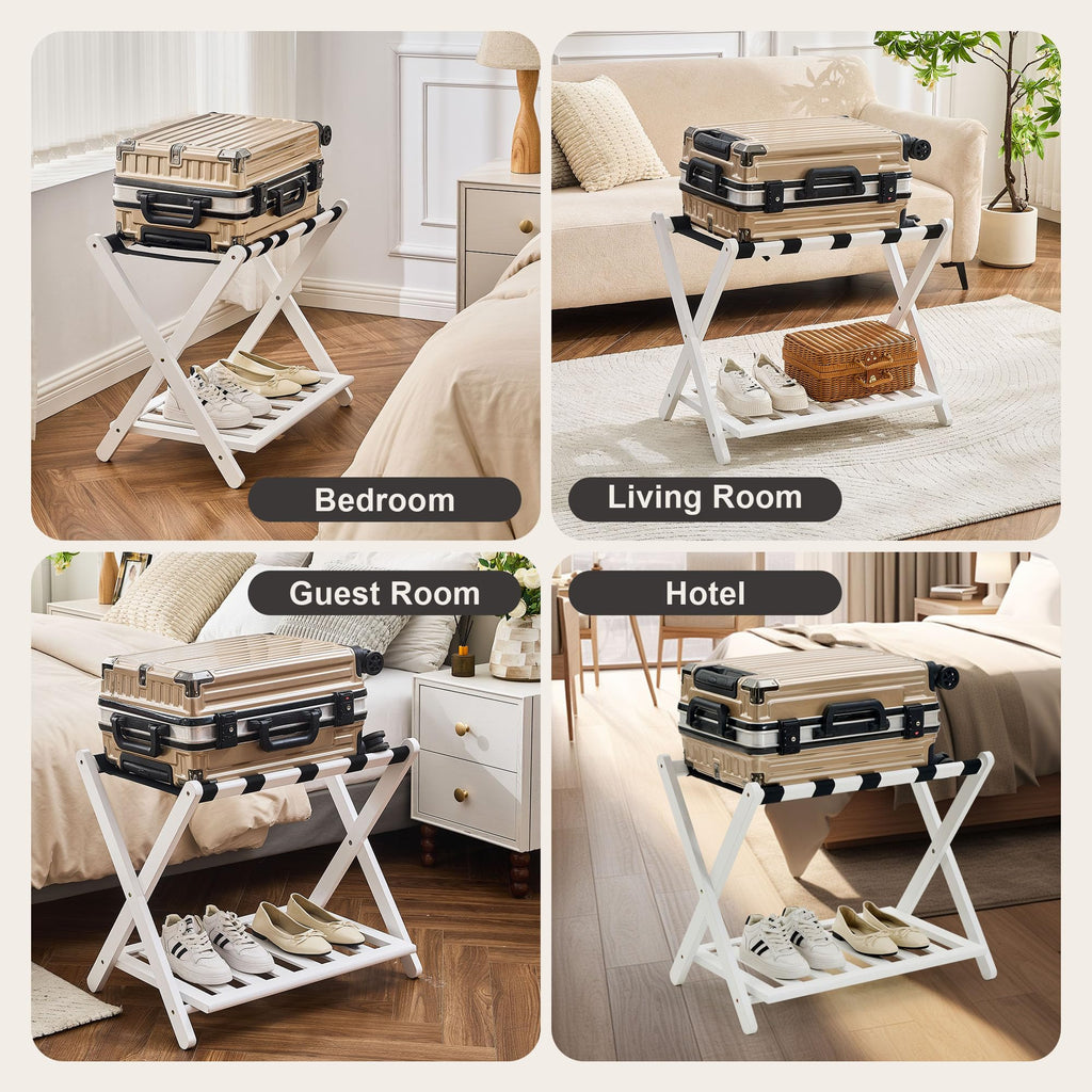 oakvivo Fully Assembled Luggage Racks Pack of 2, Upgraded Bamboo Foldable Suitcase Stand with 5 Nylon Straps, 26.77" Thickened Luggage Stand Holder with Shelf for Guest Room Bedroom Hotel, White
