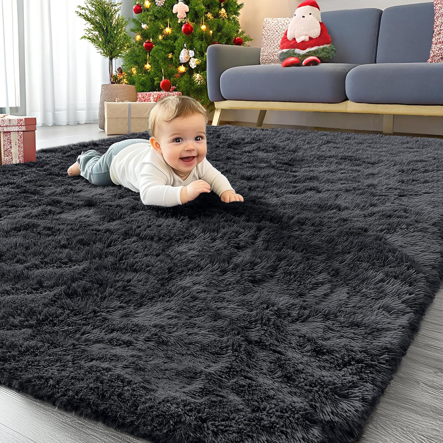 OLANLY Area Rugs - Soft Fluffy Shaggy Indoor Carpet for Living Room & Bedroom | Machine Washable, Black