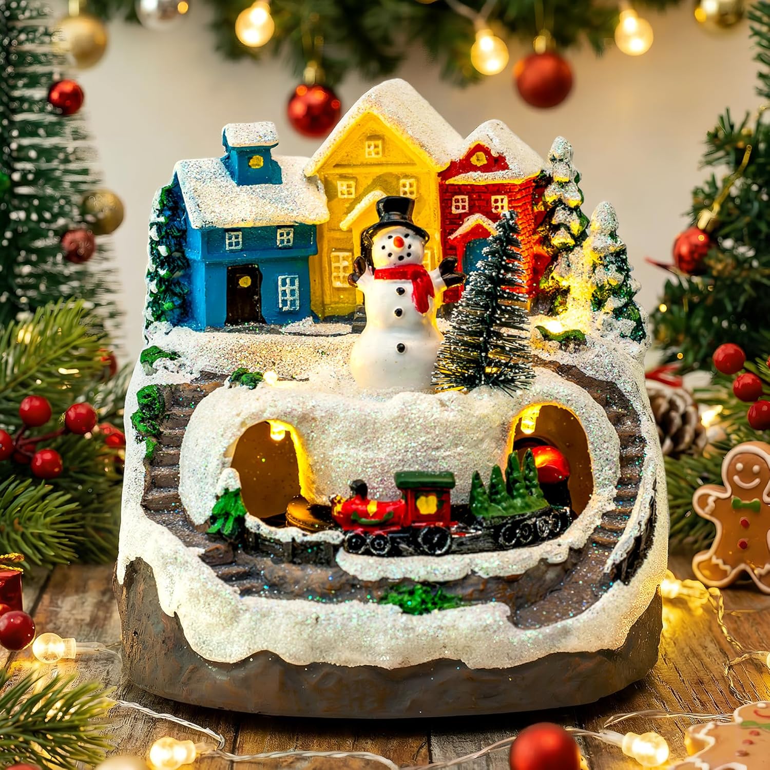 MXwcy Christmas Village House - Moving Train & Music, Lighted Snowman Figurine with 8 Holiday Songs, LED Lights