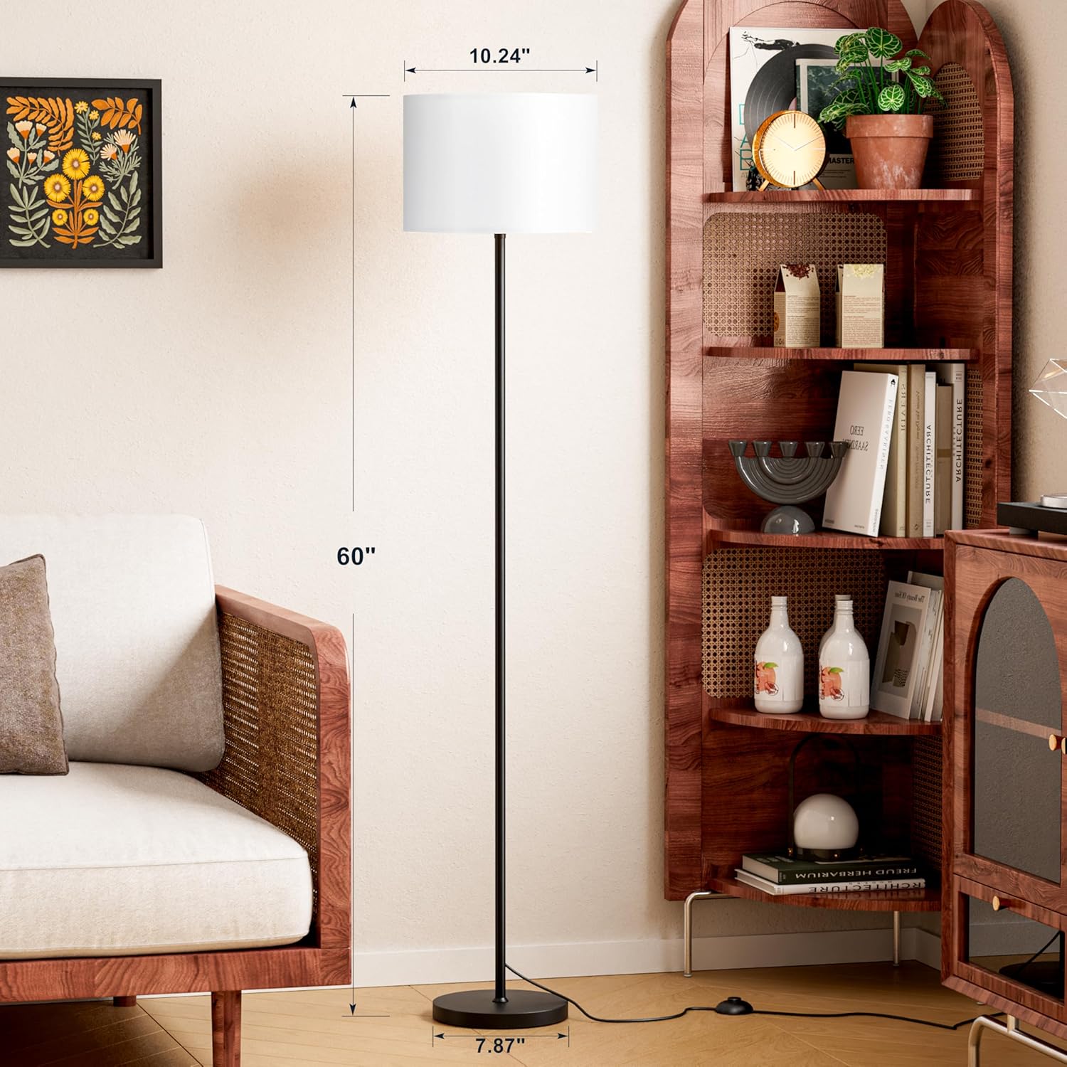 Skiennix Modern Floor Lamp - Simple Design with White Shade & Foot Pedal Switch | 60" Tall Black Pole Lamp for Living Room, Bedroom, Office, Dining Room, Kitchen