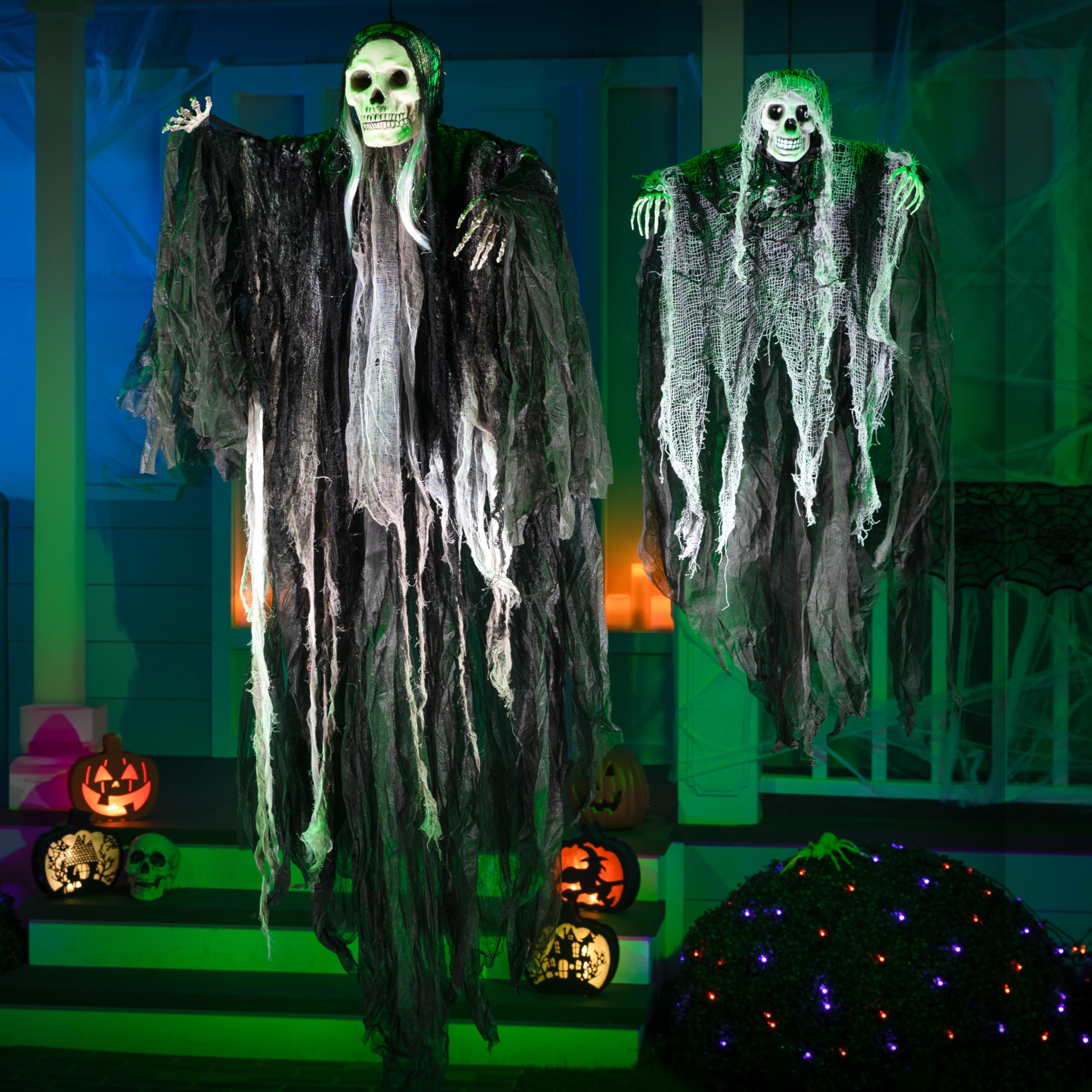 JOYIN 2 Pcs Halloween Hanging Grim Reaper Decorations Outdoor, Halloween Hanging Skeleton Ghosts Scary Decor for Yard Patio Outside Lawn Garden, Haunted House Prop, Party Supplies