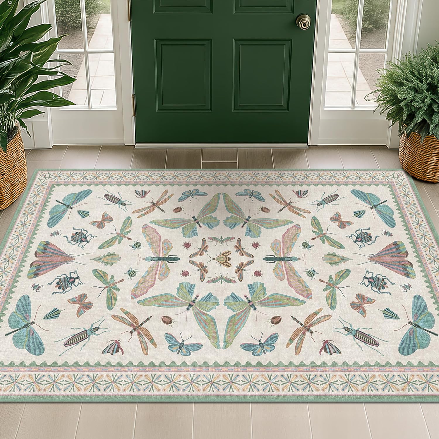 Regine Switzerland Washable Sage Green Large Entryway Rug - Non-Slip Vintage Floral Design, 3x5