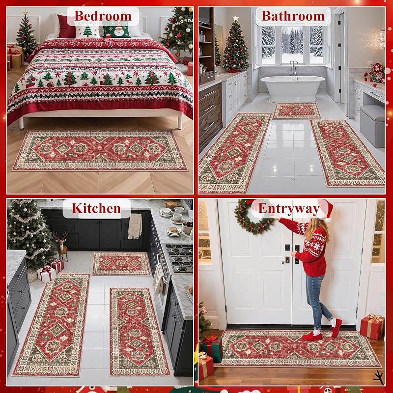 Christmas Kitchen Rug Set of 3 - Red & Green Non-Slip 20x32, 20x48, 20x59 variation: Red/Green+20"x32+20"x48+20"x59"