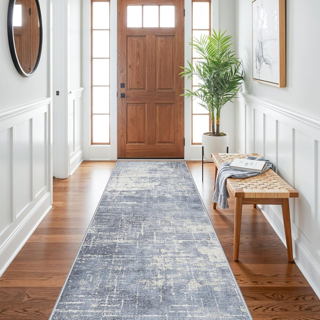 Skiennix Abstract 3x10 Kitchen Rug Runner - Washable Non-Slip Soft Indoor Carpet | Blue/Ivory Design for Living Room & Hallway