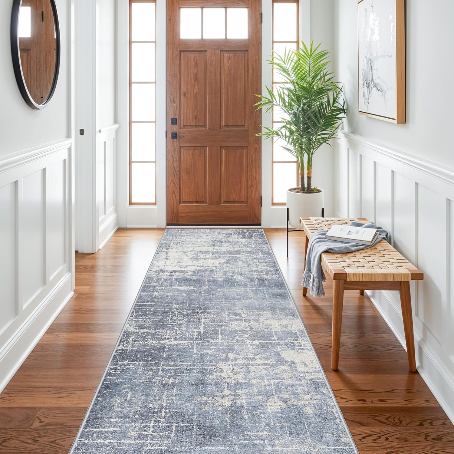 Skiennix Abstract 3x10 Kitchen Rug Runner - Washable Non-Slip Soft Indoor Carpet | Blue/Ivory Design for Living Room & Hallway