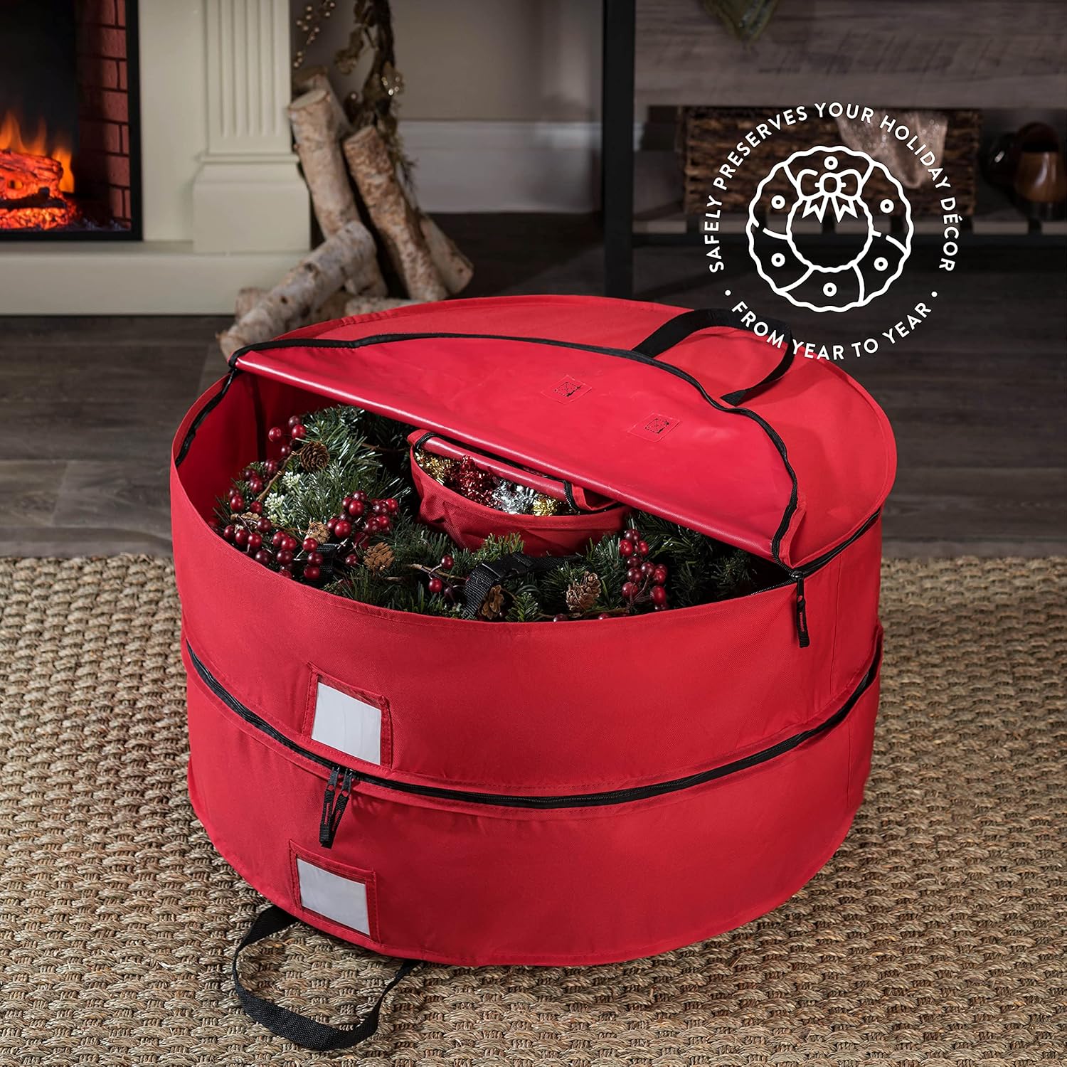 ZOBER Christmas Wreath Storage Container - 24 Inch Wreath Bag for 2 Wreaths | Durable 600D Oxford Fabric, Red