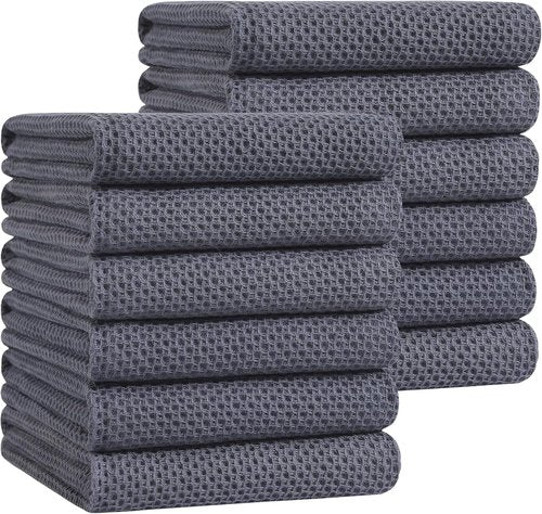 Homaxy Kitchen Dish Towels - Ultra Soft 100% Cotton Waffle Weave, Quick Drying, 20x28 Inches, 12-Pack, Dark Grey