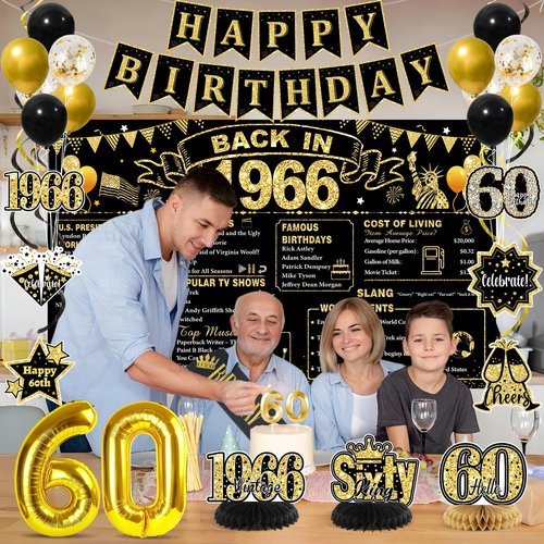 60th Birthday Decorations for Men, Black Gold Back in 1966 Party Supplies with Banner, Backdrop, Sash, Balloons, Cake Topper, Honeycomb Centerpieces, Happy 60th Birthday Decorations Kit