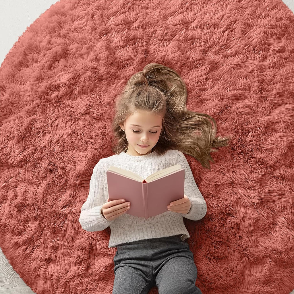 OLANLY Round Rust Red Area Rug - Soft, Fluffy, Machine Washable 5 ft Circle Carpet for Bedroom & Living Room