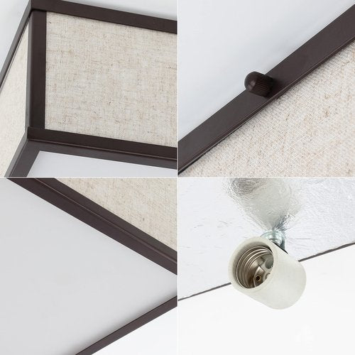 JONATHAN Y 14.13" Oil Rubbed Bronze 2-Light Iron and Linen Flush Mount, Minimalist Industrial Square Ceiling Light for Bedroom Hallway Living Room, LED Bulbs Included JYL1311A