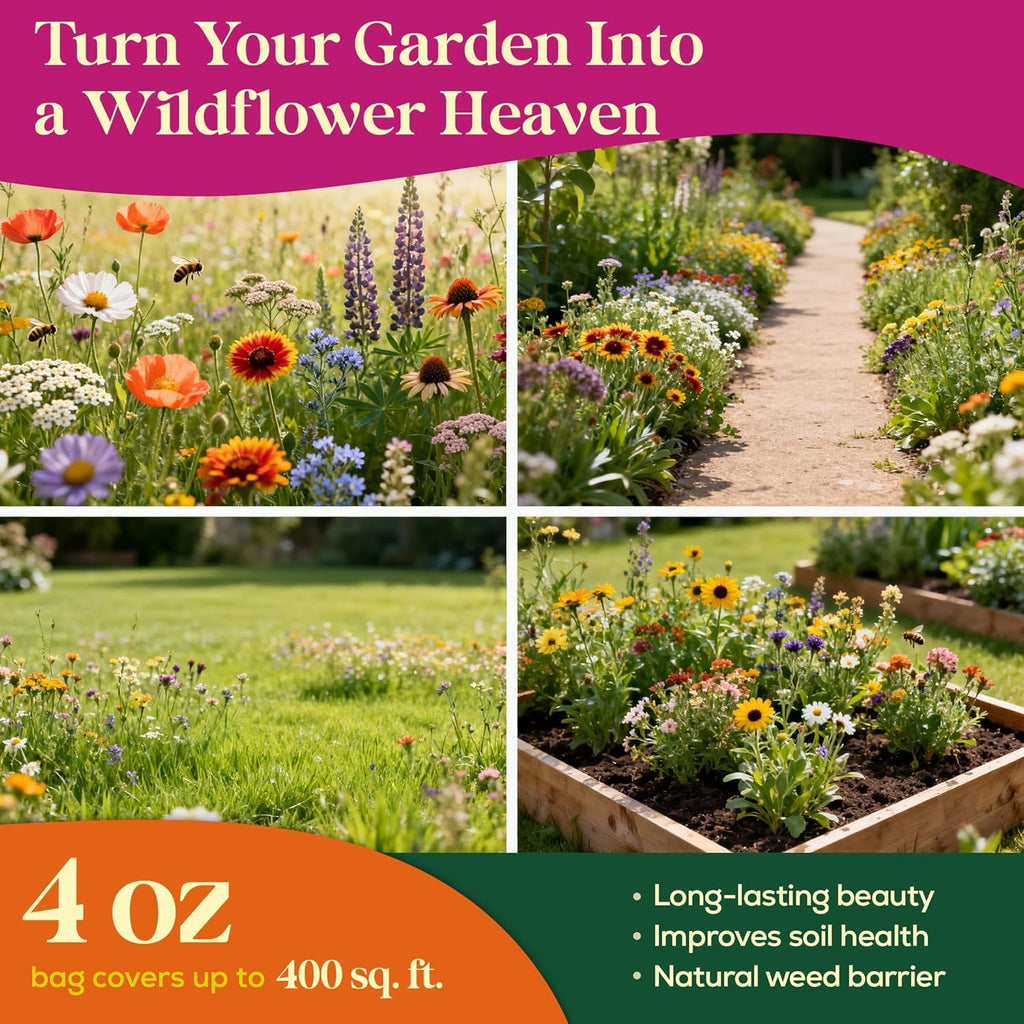 Seedphony Wildflower Seeds Mix - 100,000 Non-GMO Heirloom Seeds for Pollinators | 4oz Waterproof Packet