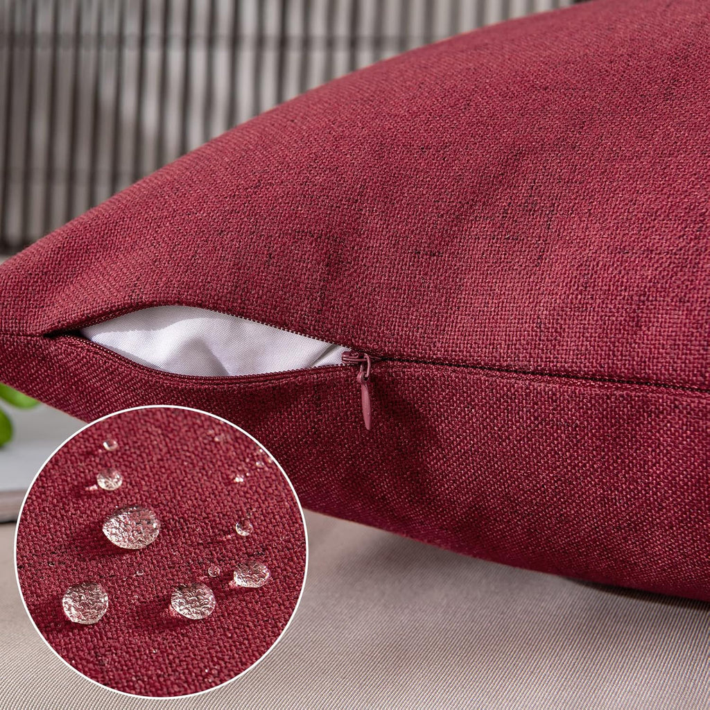 MIULEE Outdoor Throw Pillow Covers - Waterproof Decorative Linen Cushion Shams | 18x18 Inch, Burgundy Red - Pack of 2