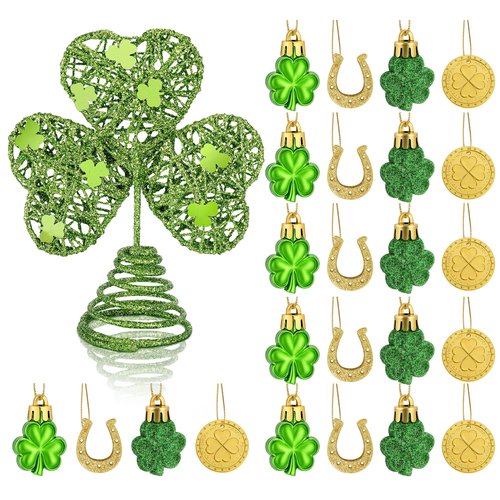 25 Pcs St. Patrick's Day Mini Tree Topper Ornaments Set, Miniature Irish Shamrock Tree Topper Hanging Clover Gold Coins, Irish Green Metal Glitter Tree Decorations for Party Supplies