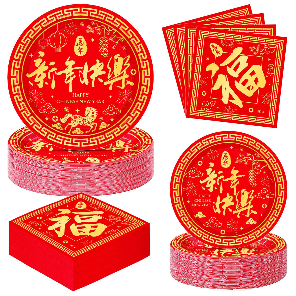 QZYL 150 PCS Lunar New Year Decorations 2026, Disposable Chinese New Year Plates and Napkins, Red Paper Plates, Serve for 50 Spring Festival Party Supplies Chinese Year of the Horse Cutlery