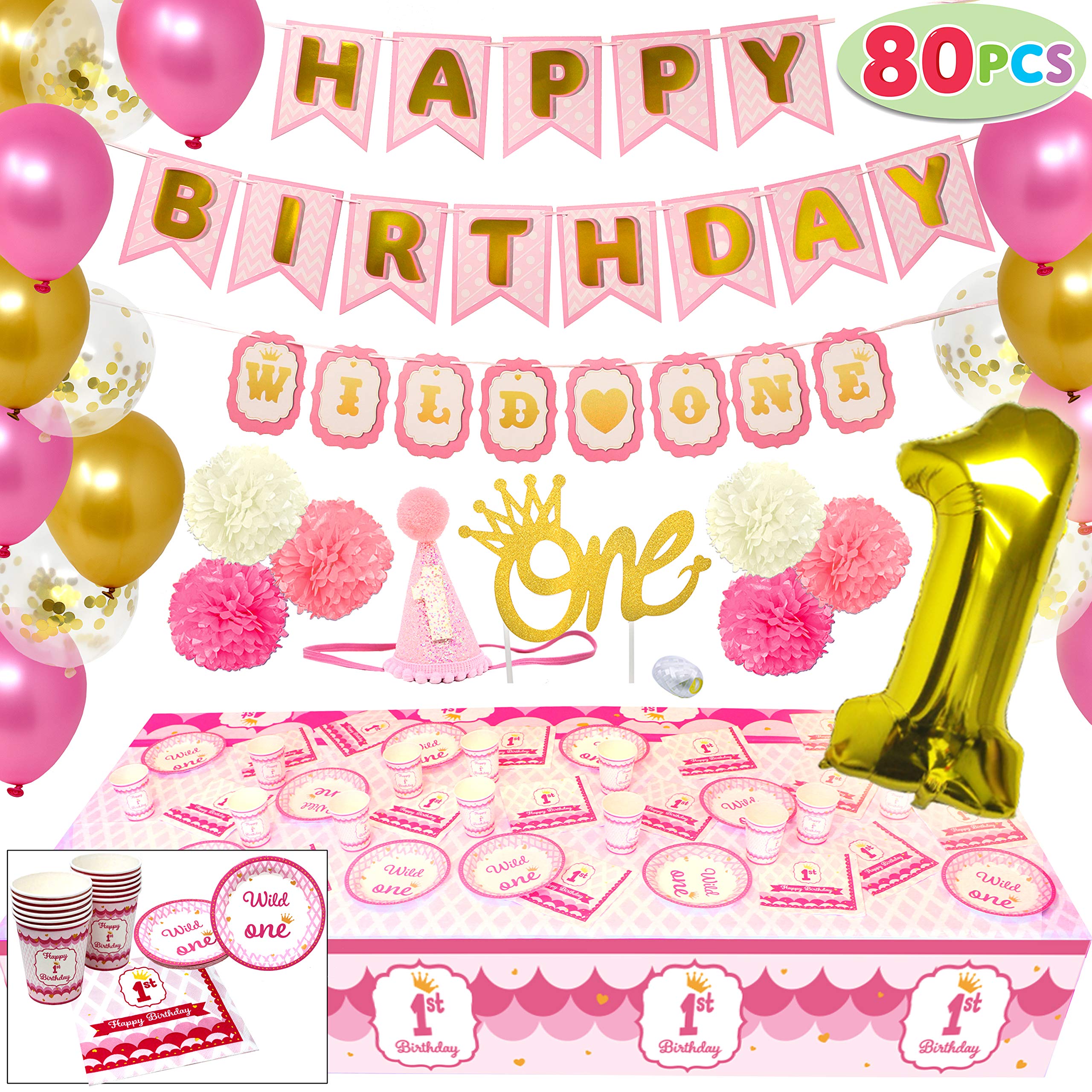 JOYIN 1st Girl Birthday Supplies Decoration Wild Set (Happy Banners, Hat, Foil Balloon Confetti Balloon, Cake Topper, Plates, Cups, Napkins, Tableware, Pom-poms Balls) for One Baby First Bday Party.