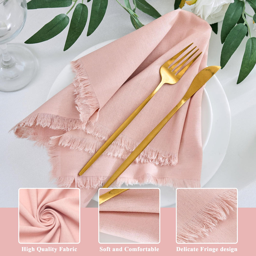 Xiomot Handmade Cotton Linen Napkins Cloth with Fringes Set of 4 17"x17" Dusty Pink Boho Dinner Table Napkins Bulk for Wedding Party Bridal Baby Shower Decoration