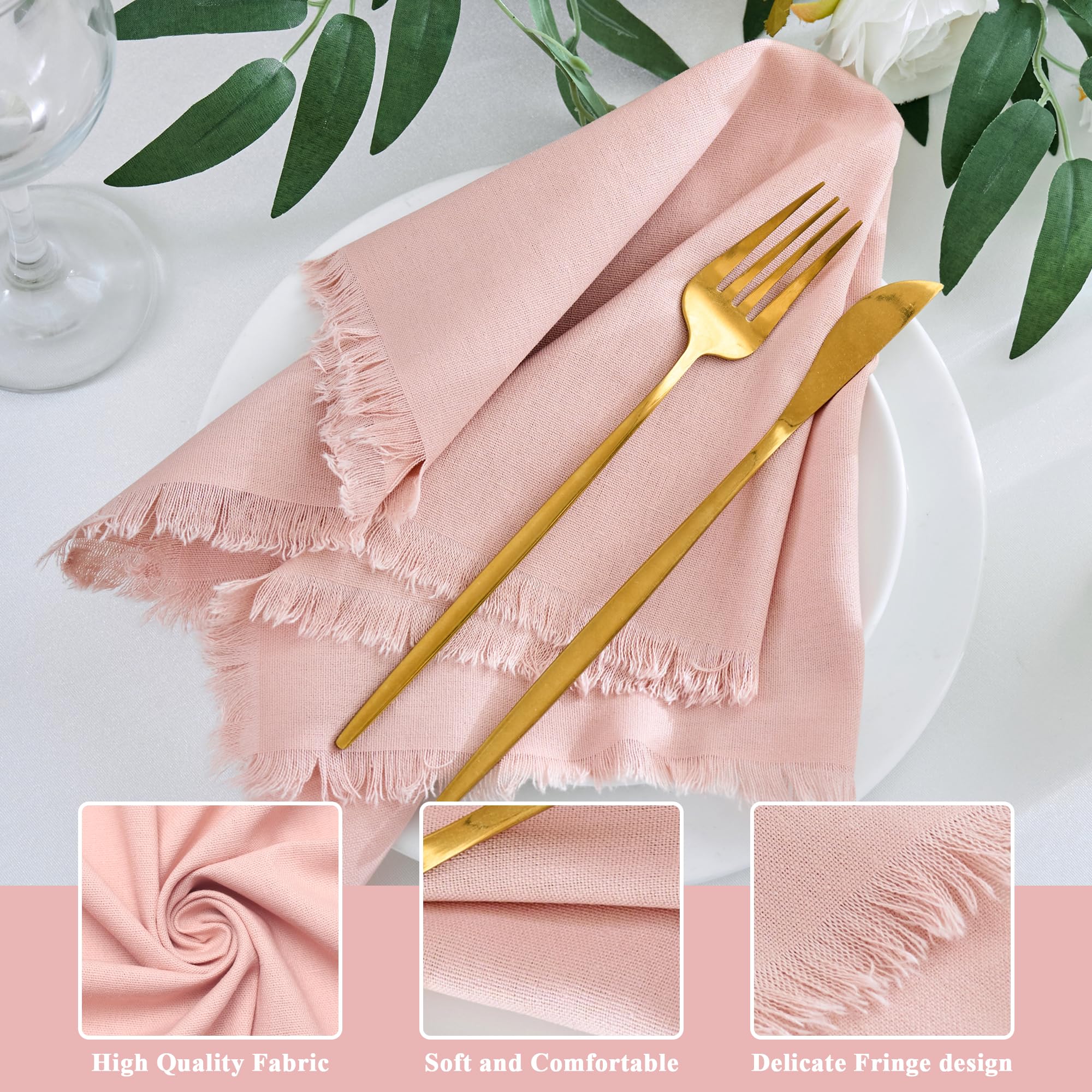 Xiomot Handmade Cotton Linen Napkins Cloth with Fringes Set of 4 17"x17" Dusty Pink Boho Dinner Table Napkins Bulk for Wedding Party Bridal Baby Shower Decoration