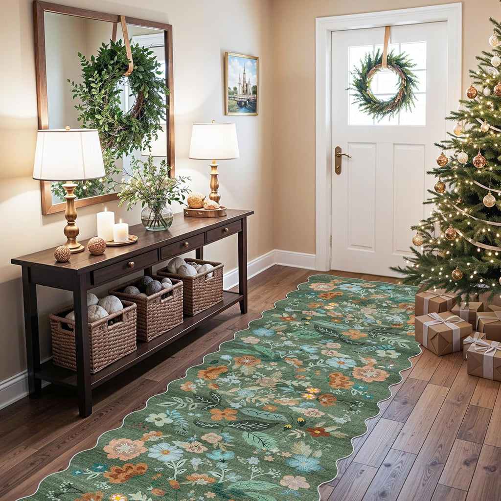 Skiennix Washable Hallway Runner Rug - Floral Scalloped Design | Non-Slip, Water-Resistant, Lightweight (3x10 Green)