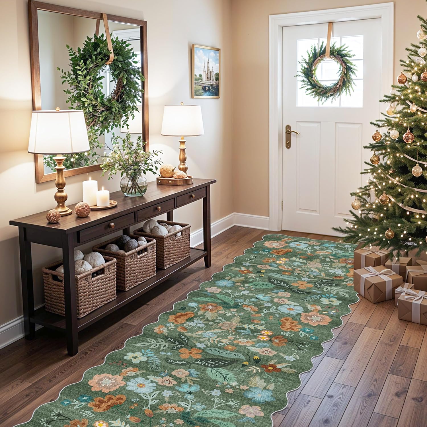 Skiennix Washable Hallway Runner Rug - Floral Scalloped Design | Non-Slip, Water-Resistant, Lightweight (3x10 Green)