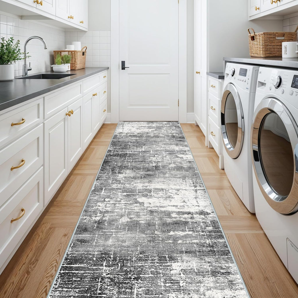 Skiennix Washable 12ft Kitchen Area Rug - Soft Non-Slip Abstract Runner for Living Room | Black/Grey (2'6"x12')