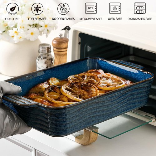 Kiln-Transformed Blue Ceramic Baking Dish Set - 3 Square Casserole Dishes with Handles for Oven Use