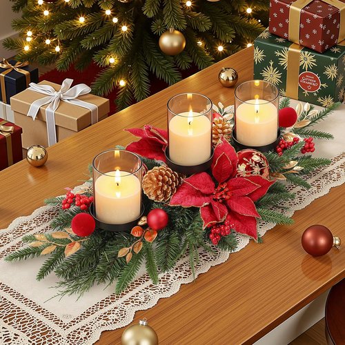 Alupssuc 28" Christmas Centerpiece - Elegant Candle Holders with Baubles & Pine Cones | Holiday Table Decor