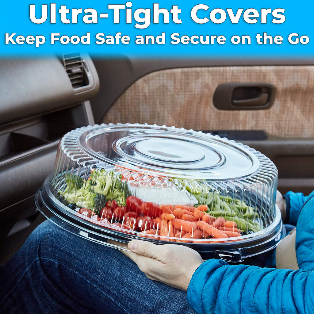 Avant Grub Heavy Duty, Recyclable 16 in. Serving Tray and Lid 10pk. Large, Black Plastic Party Platters with Clear Lids Dishware Plate, Elegant Round Banquet or Catering Trays for Serving