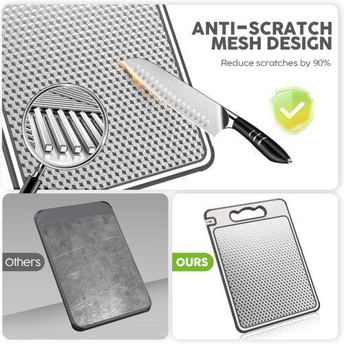 LOZOVIN Stainless Steel Cutting Board - Reversible 304 Steel & Wheat Straw, Dishwasher Safe, 14.4"x9.8", Grey