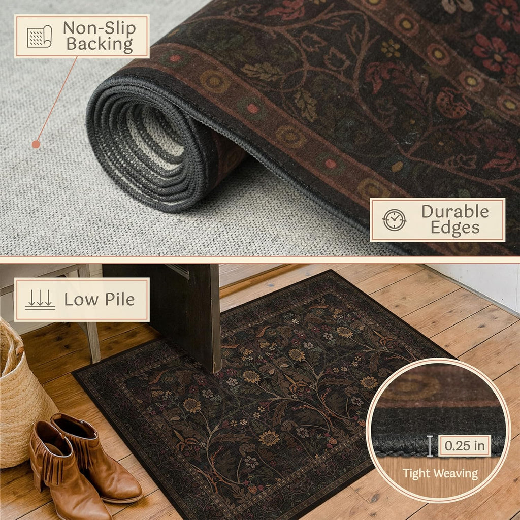 Skiennix Washable 2x6 Kitchen Runner Rug - Non-Slip Dark Brown Floral Design for Farmhouse & Cabin