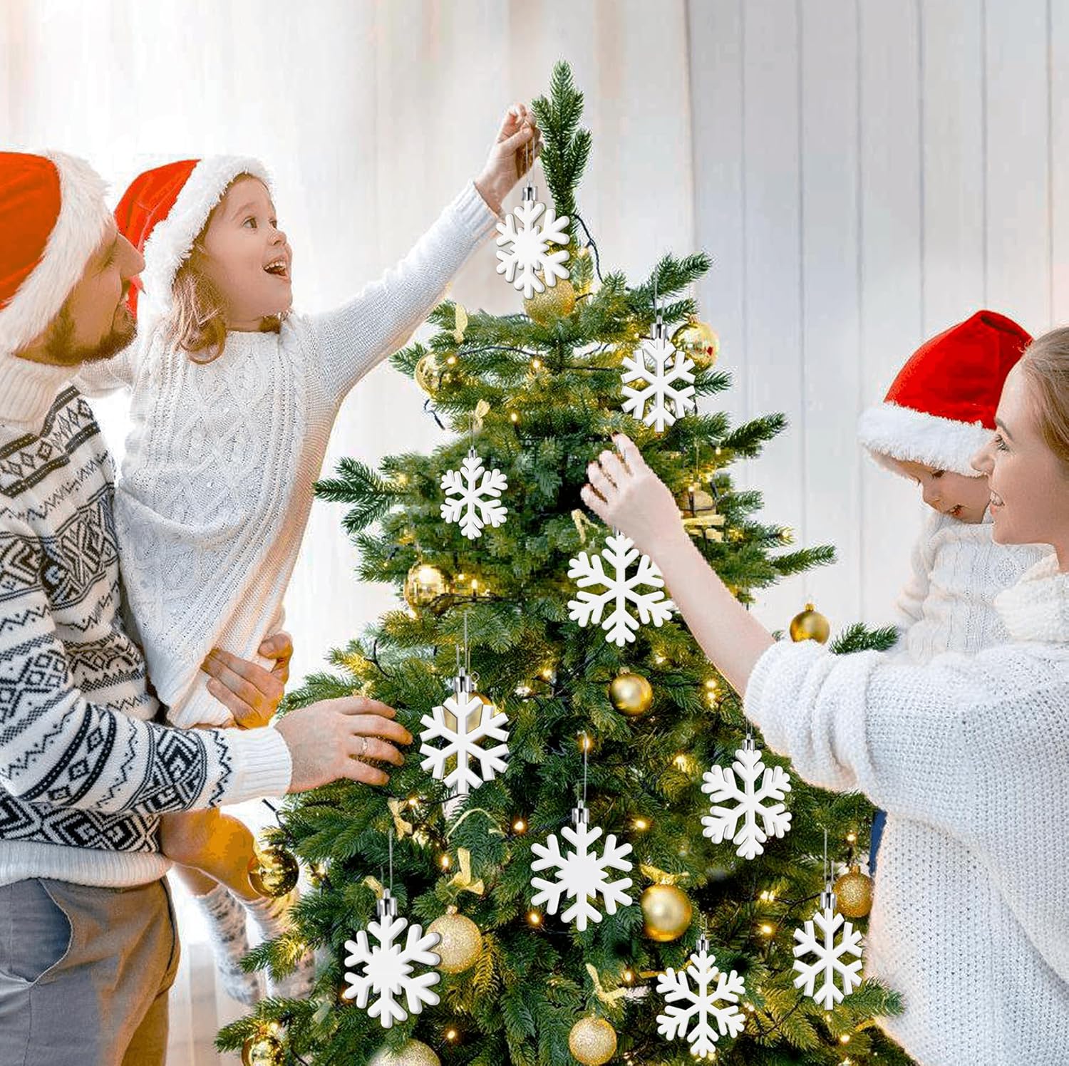 Skiennix 24 Pcs Snowflake Hanging Ornaments - White Plastic Decorations for Christmas Trees & Winter Parties