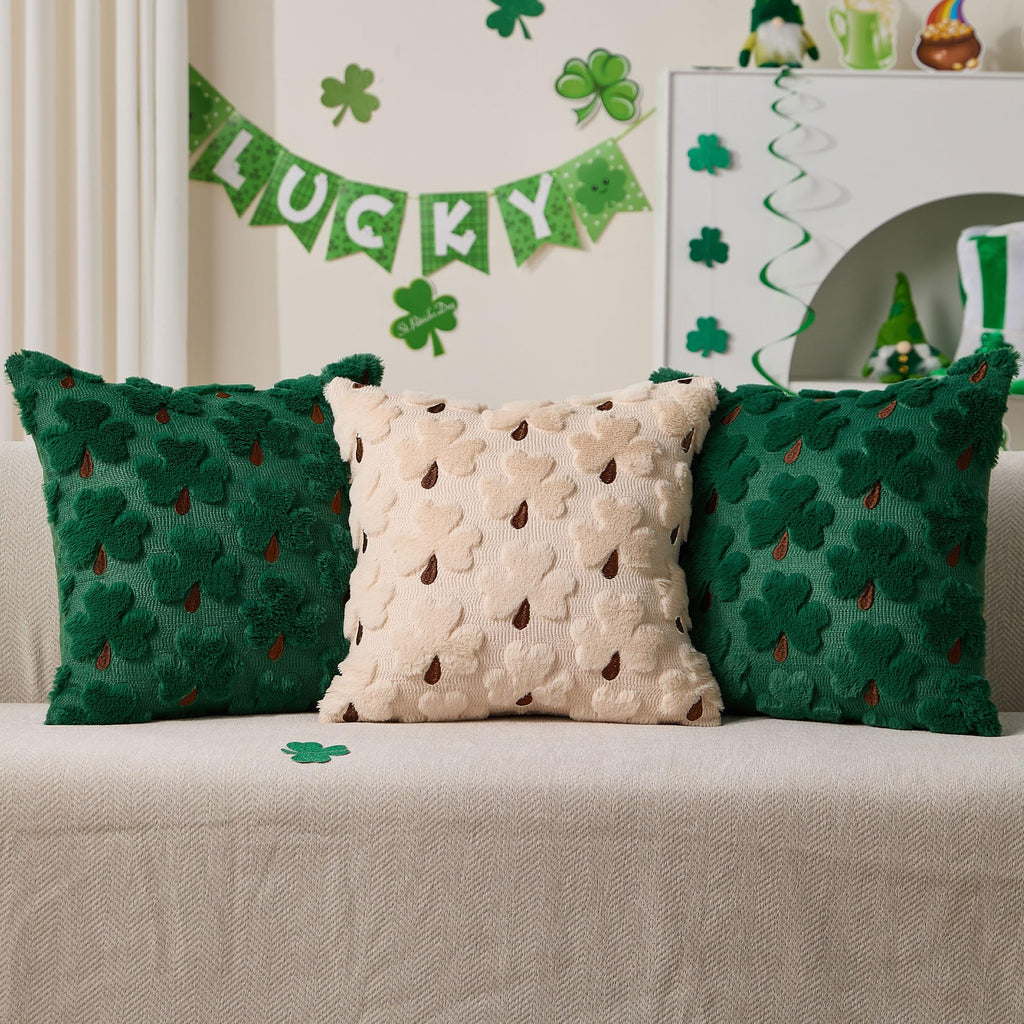 WKJZH St Patricks Day Pillow Covers 18x18 Inch Set of 2 Green Shamrock Brown Petioles Decorative Soft Plush Faux Wool Throw Pillows for Couch Sofa Bedroom Holiday Home Decor MRD03A45