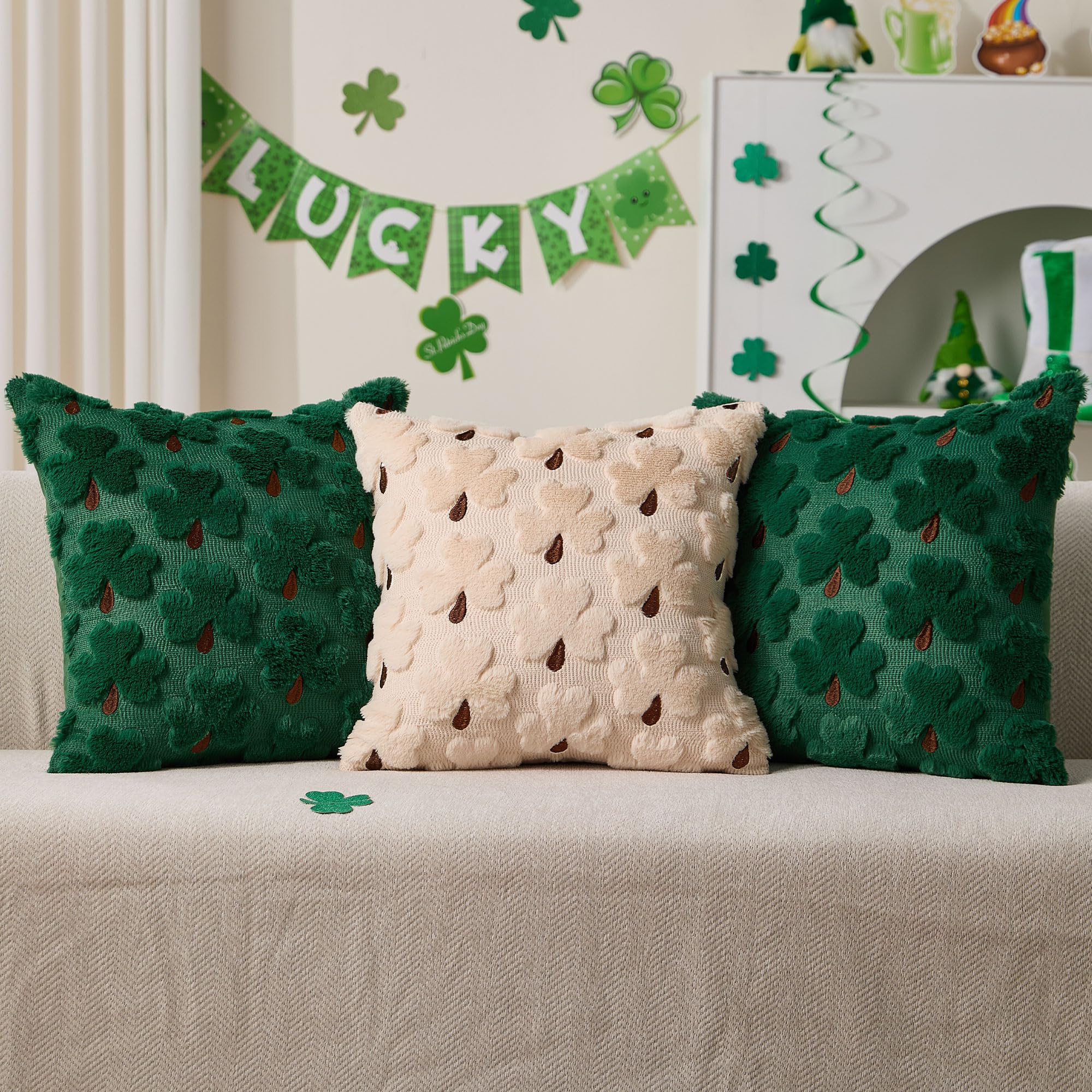 WKJZH St Patricks Day Pillow Covers 18x18 Inch Set of 2 Green Shamrock Brown Petioles Decorative Soft Plush Faux Wool Throw Pillows for Couch Sofa Bedroom Holiday Home Decor MRD03A45