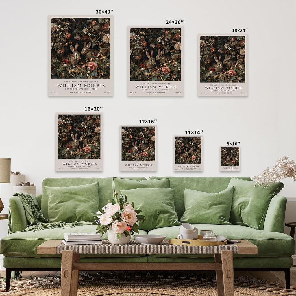 William Morris Canvas Print - Bunny Couple Rabbit Art - Botanical Floral Exhibition Design | Aesthetic Wall Decor in 8x10 to 30x40 Sizes