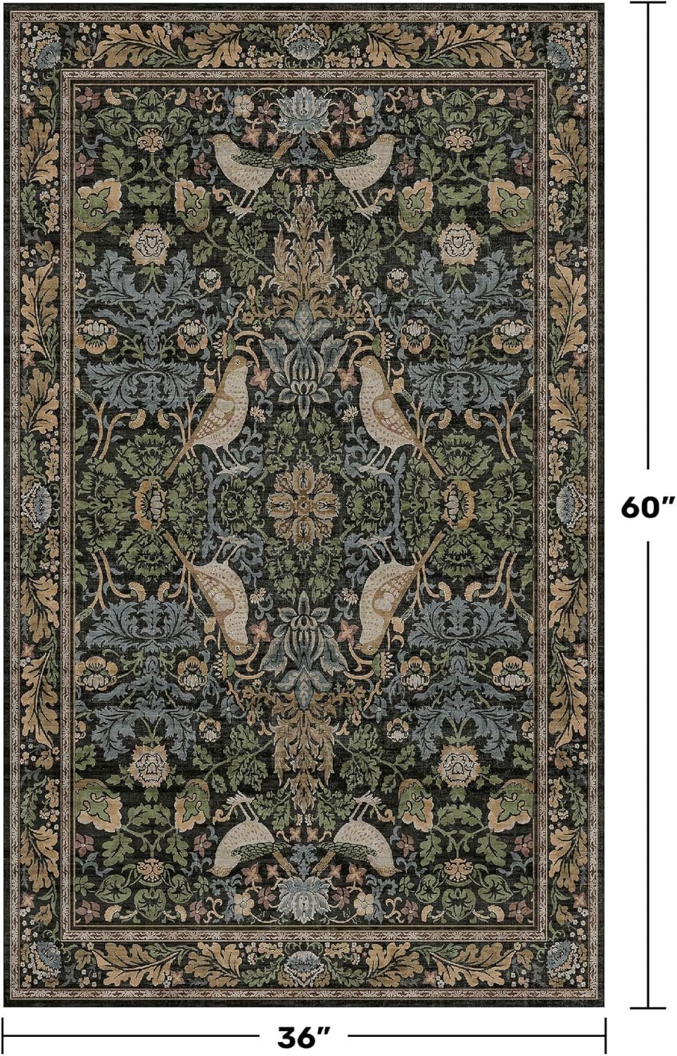 Skiennix Large Entryway Rug - 3x5 Washable Indoor Mat with Moody Woodland Flowers | Non-Slip, Stain Resistant