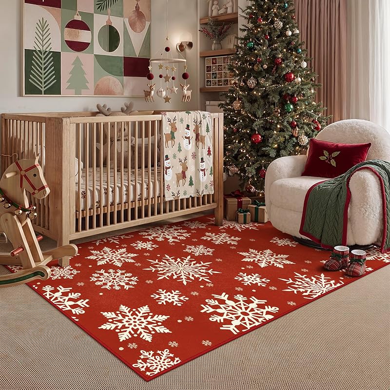 Snowflake Red 4x6 Area Rug – HUGEAR 4' x 6' Small Christmas Rug, Non-Slip Backing