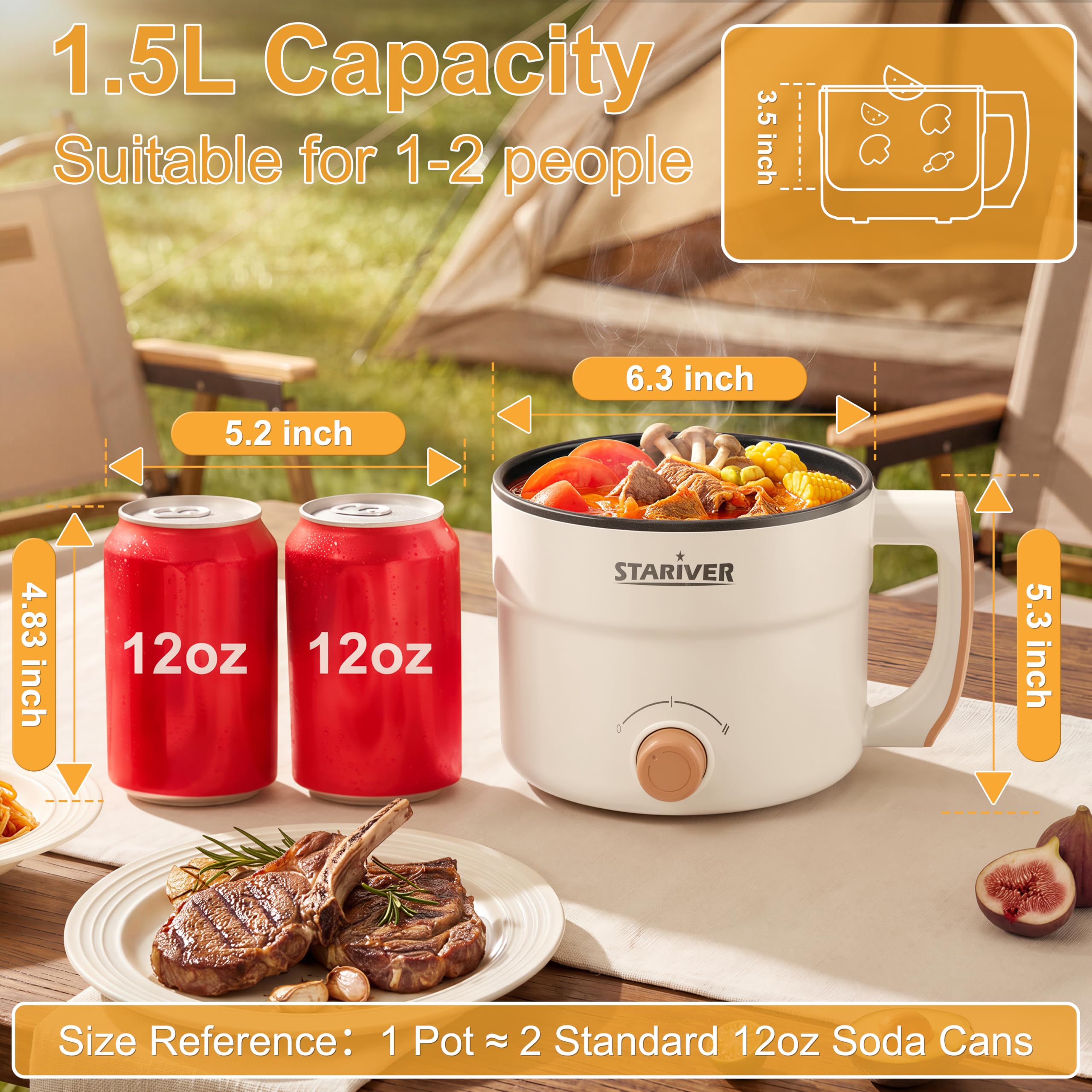Stariver 1.5L Electric Hot Pot - Mini Portable Electric Pot, Non-Stick Noodle Cooker for Ramen, Soup, Pasta, Egg, Oatmeal - Overheat & Boil-Dry Protection - Ideal for Dorm, Office, Travel Gift