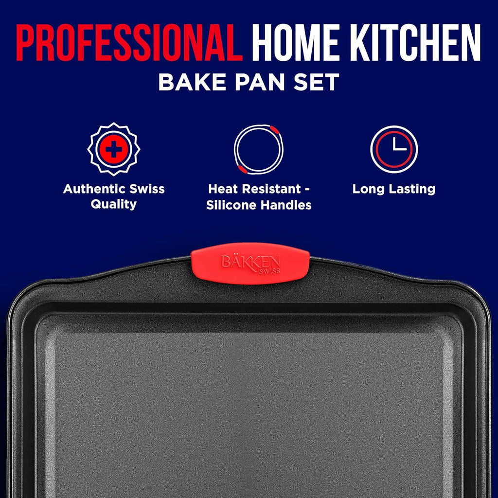 Skiennix Nonstick Carbon Steel Bakeware Set - Professional Quality Kitchen Trays | PFOA-Free, Red Silicone Handles