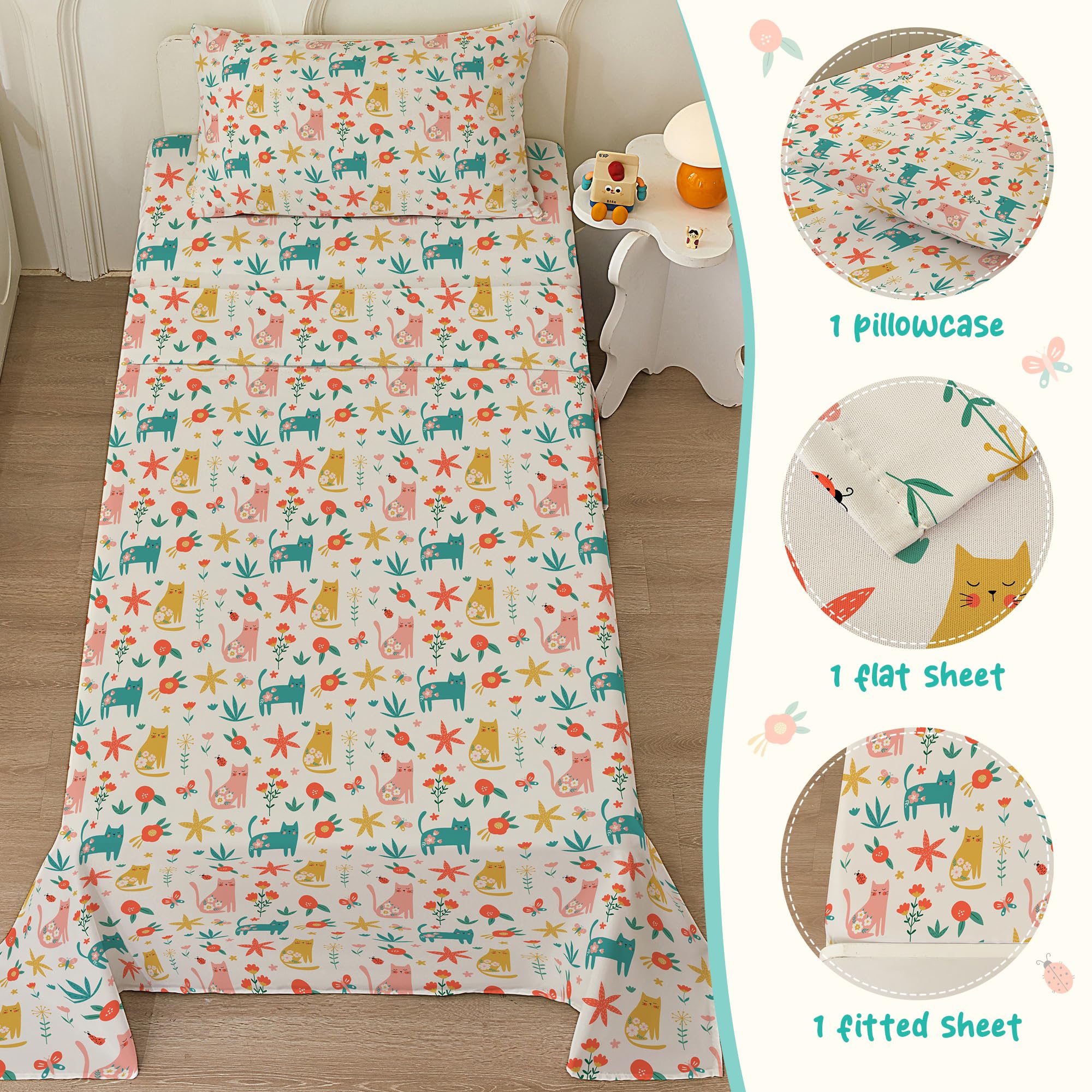 Bedmoon Girls Twin Sheets, Kids Green Cat Kitty Cute Animal Soft Microfiber Twin Sheets & Pillowcases with Corner Straps